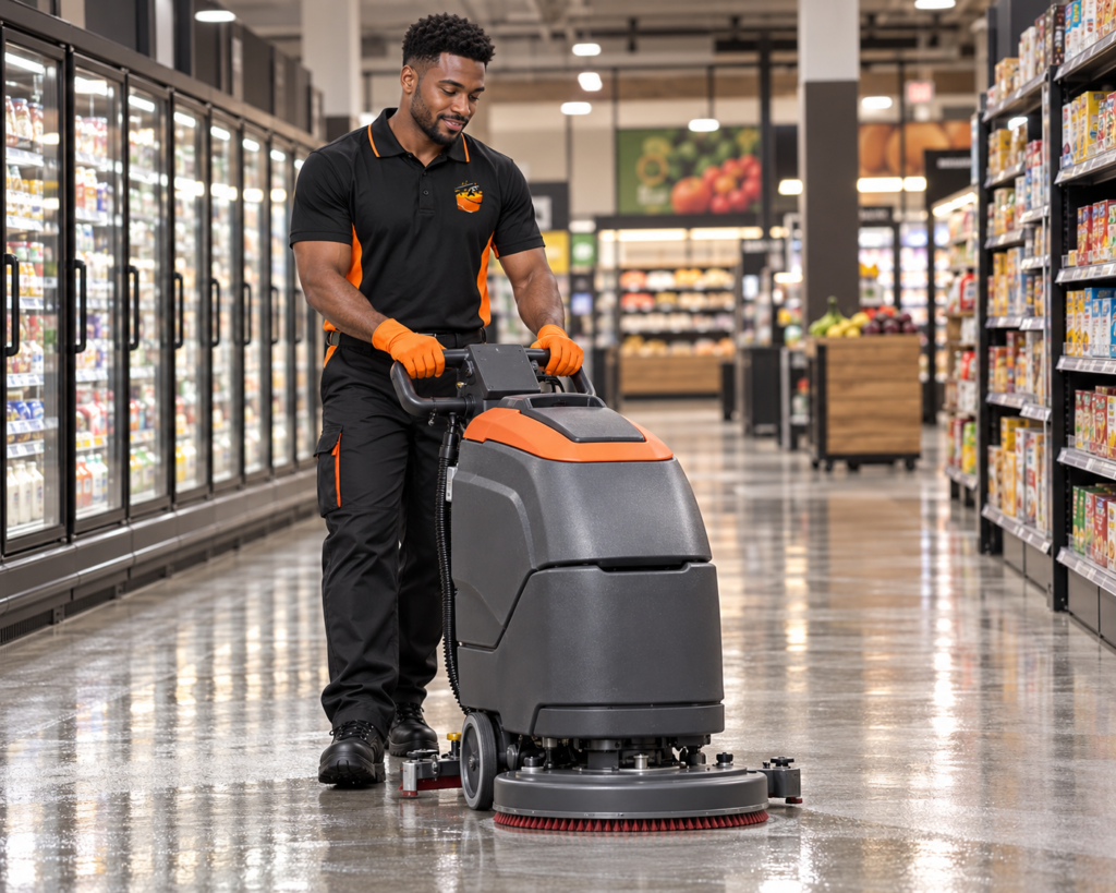 A smiling supermarket employee in a black uniform operates an orange-and-gray floor scrubber down a brightly lit aisle, leaving polished floors.