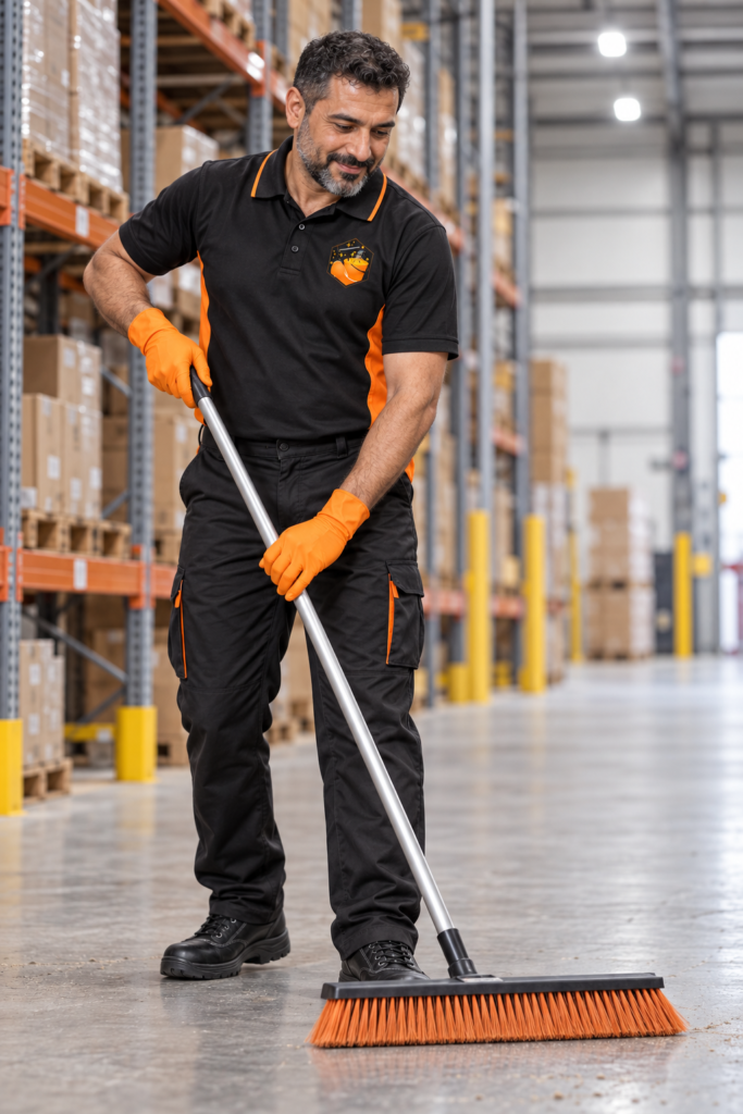 Warehouse worker in a black-and-orange uniform and orange gloves sweeps a warehouse aisle with a wide broom, smiling beside tall shelves of boxes.