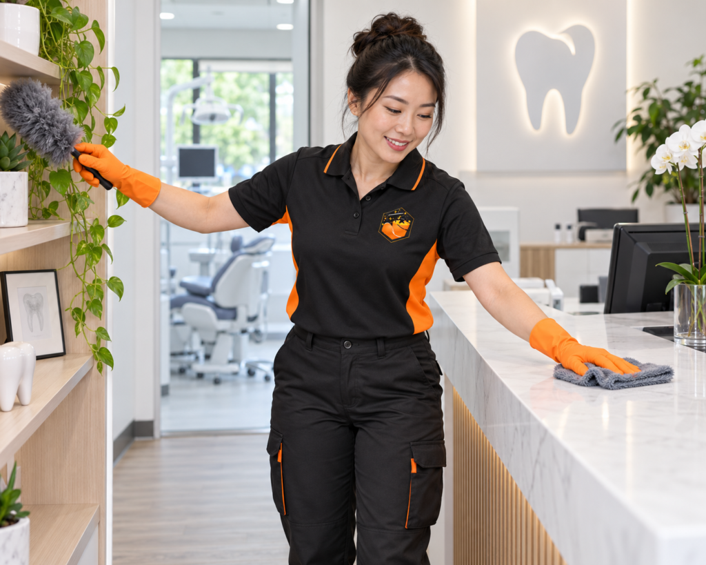 A smiling dental clinic cleaner in a black-and-orange uniform dusts a plant shelf and wipes a marble reception counter, conveying a bright, welcoming atmosphere.